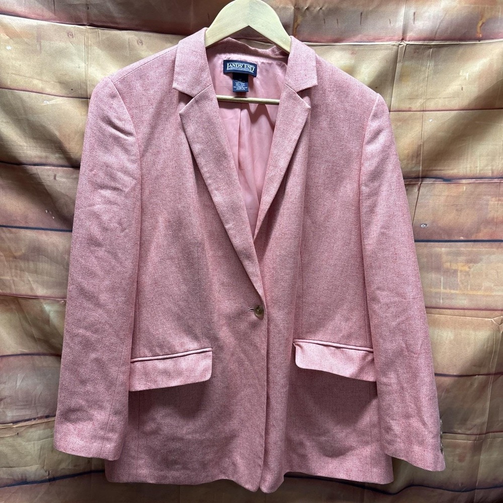 Lands' End Pink Blazer Jacket Womens 12 Regular Wool Silk Linen Blend Tailored